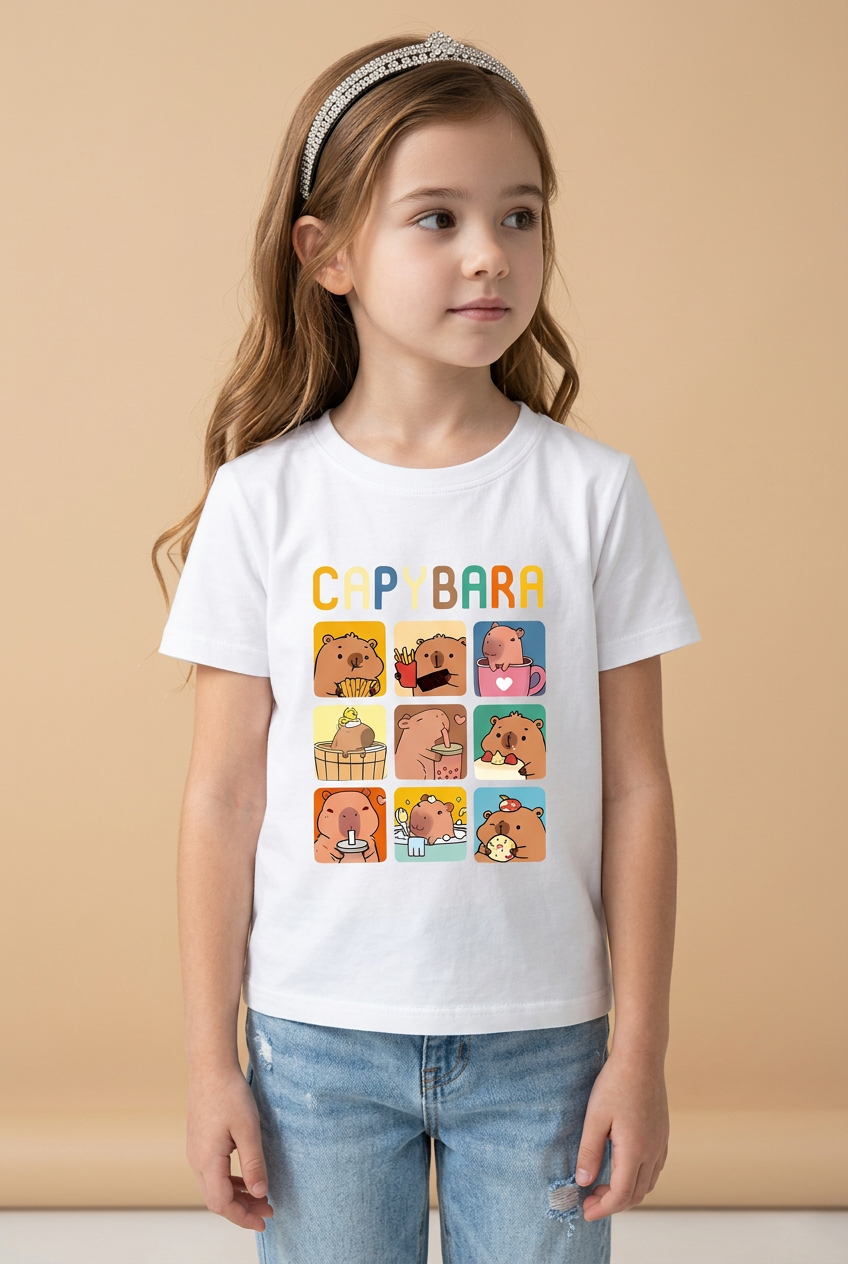 Camiseta Capybara Momentos Cute Grid Blanca Niña - Manga Corta Algodón Infantil