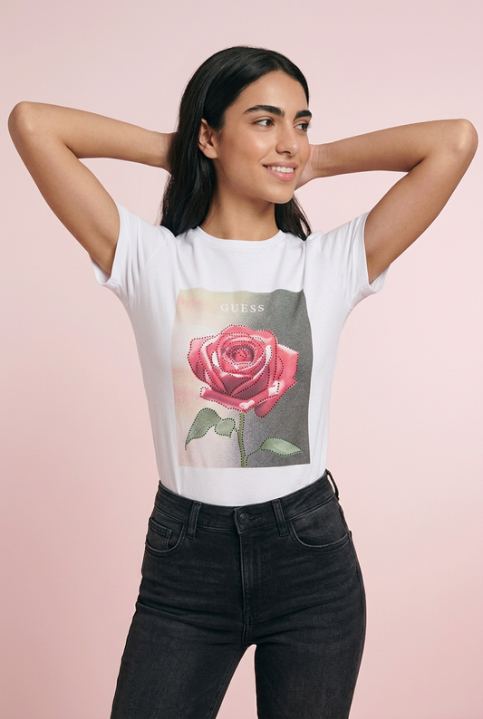 Camiseta Guess Rosa Diamantes Fondo Degradado Blanca Mujer - Manga Corta Tela Fría