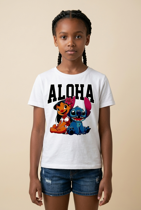 Camiseta Aloha Lilo Stitch Duo Blanca Niña - Manga Corta Algodón Infantil