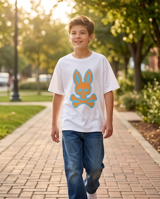 Camiseta Psycho Bunny Logo Naranja Turquesa Blanca - Niños Oversize
