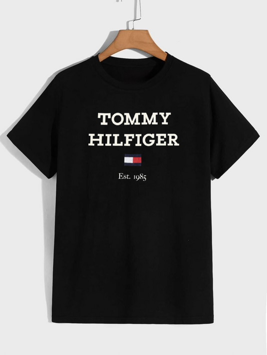 Camiseta Tommy Hilfiger Logo Est 1985 Negra Hombre - Manga Corta Algodón