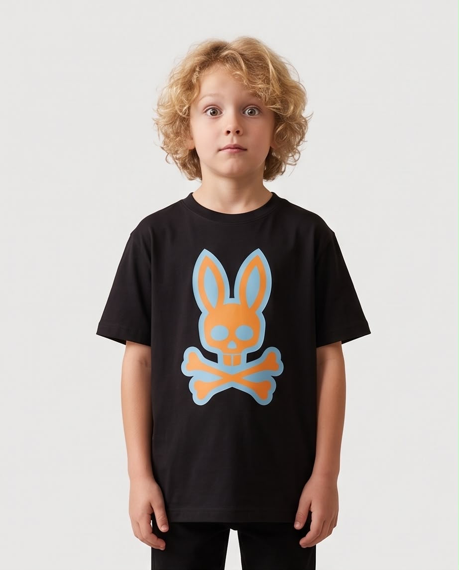 Camiseta Psycho Bunny Logo Naranja Azul Cielo Negra - Niños Oversize