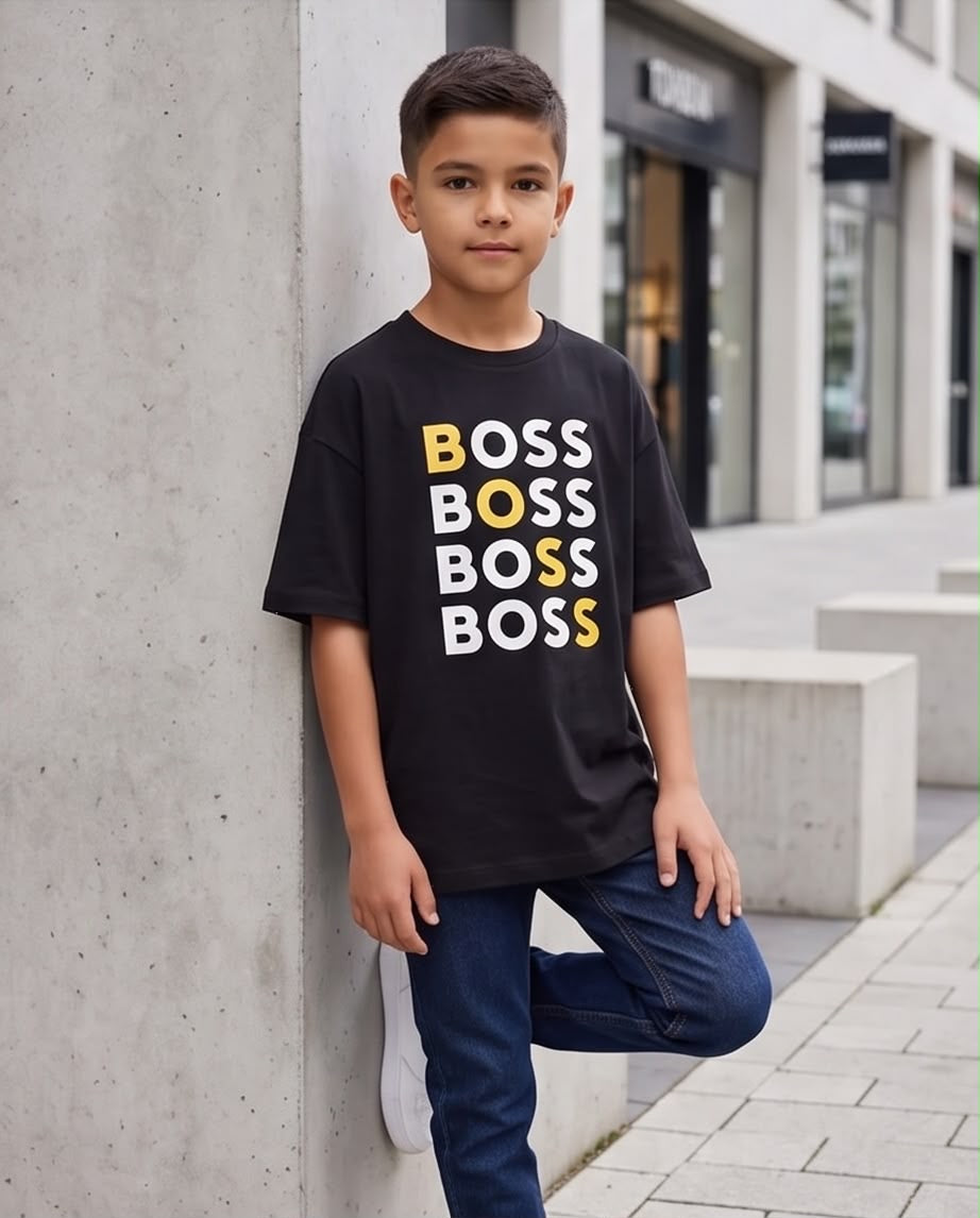 Camiseta Hugo Boss Logo Cuadruple Amarillo Blanco Negra Niño - Niños Oversize