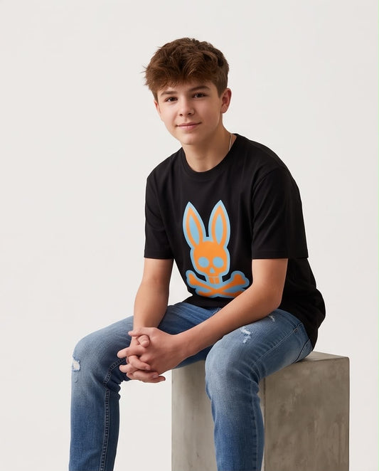 Camiseta Psycho Bunny Logo Naranja Azul Cielo Negra - Niños Oversize