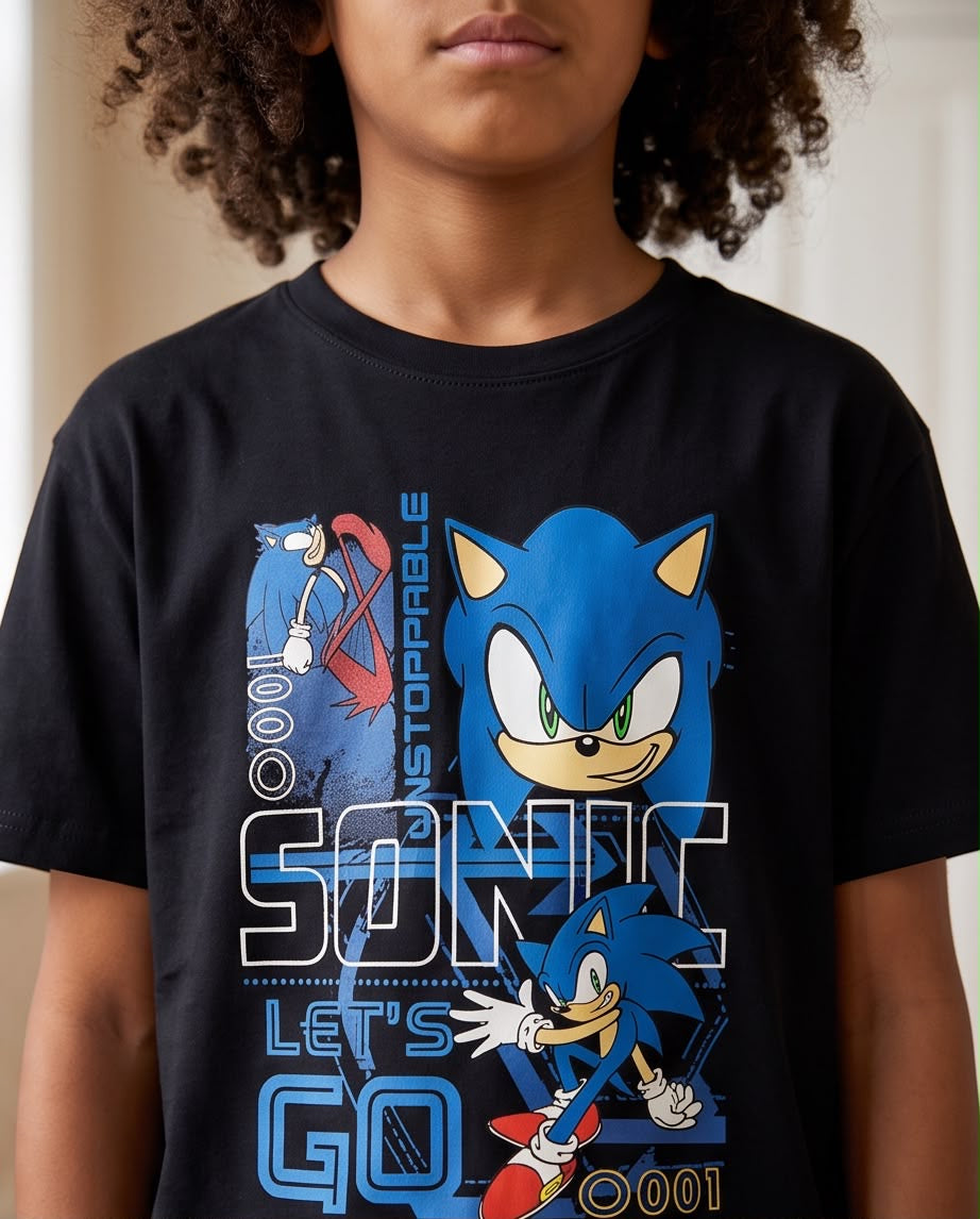Camiseta Sonic Unstoppable Lets Go Negra - Niños Oversize