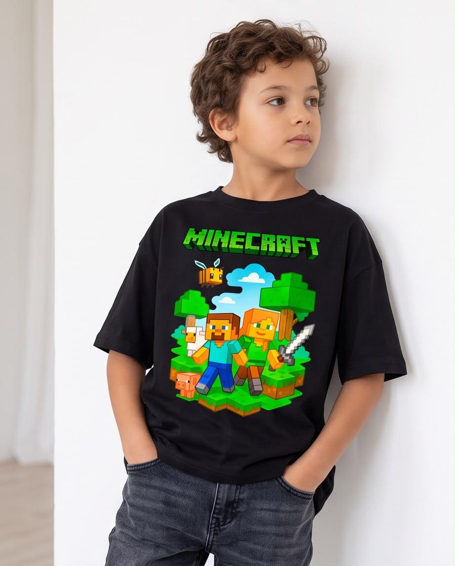 Camiseta Minecraft Steve Alex Aventura Verde Negra Niño - Niños Oversize