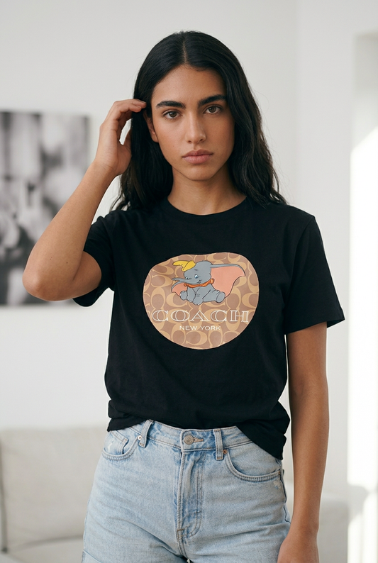 Camiseta Coach Dumbo Monograma C Camel Negra Mujer - Manga Corta Tela Fría