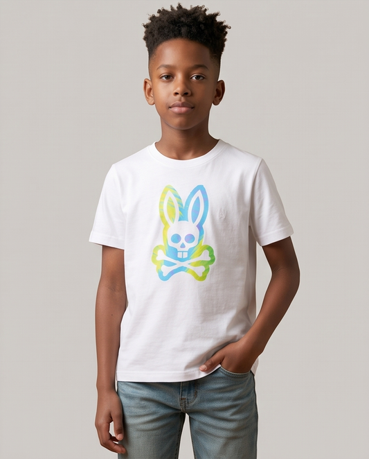 Camiseta Psycho Bunny Logo Degradado Azul Verde Blanca - Niños Oversize