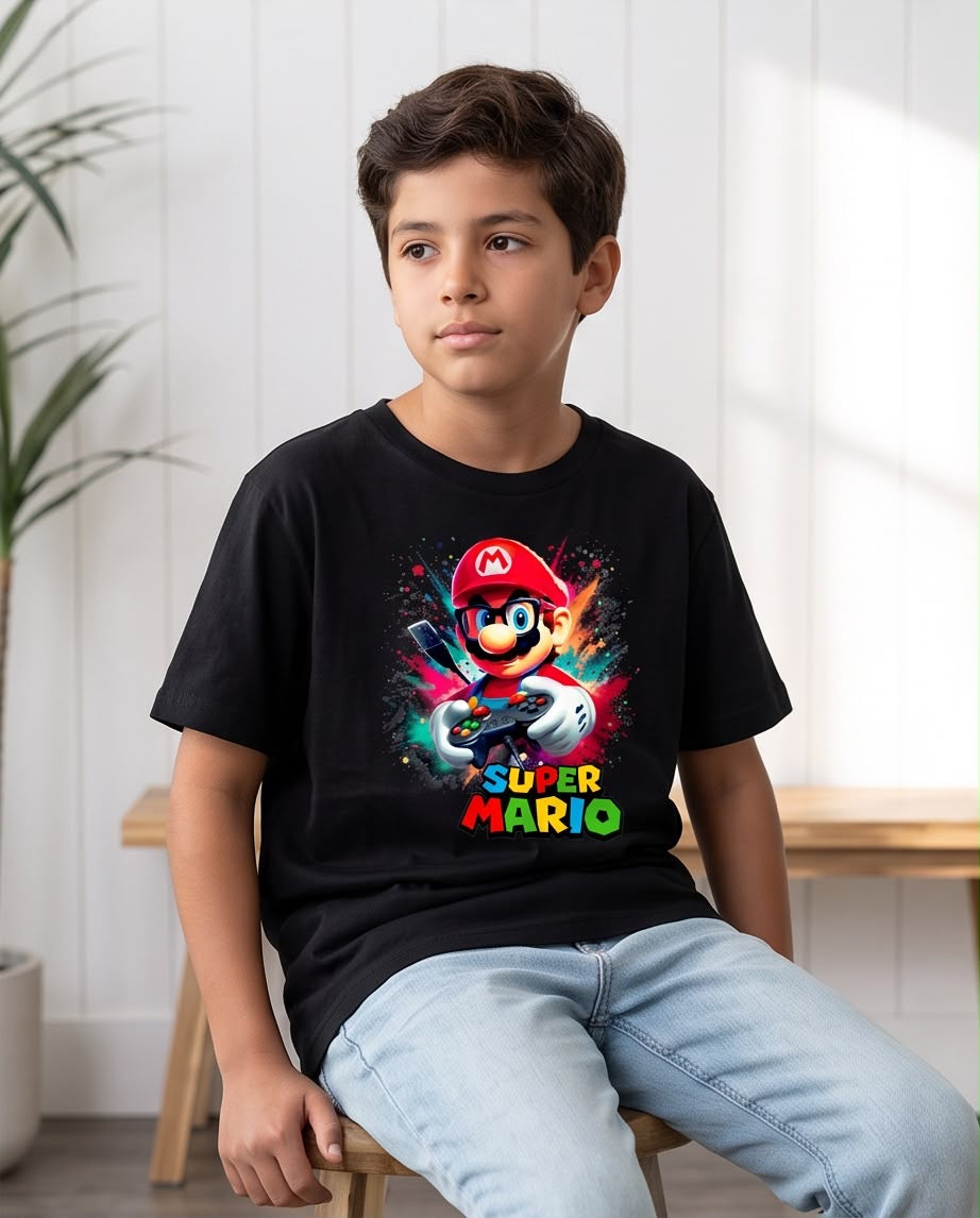 Camiseta Super Mario Gamer Control Explosion Negra - Niños Oversize