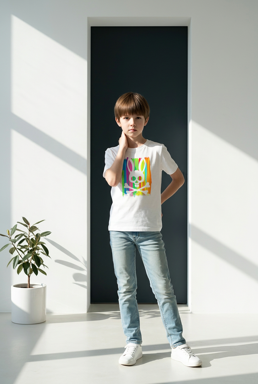 Camiseta Psycho Bunny Logo Arcoiris Splash Blanca - Niños Oversize
