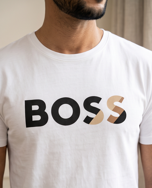 Camiseta Hugo Boss Logo Detalle Dorado Blanca Hombre - Manga Corta Algodón
