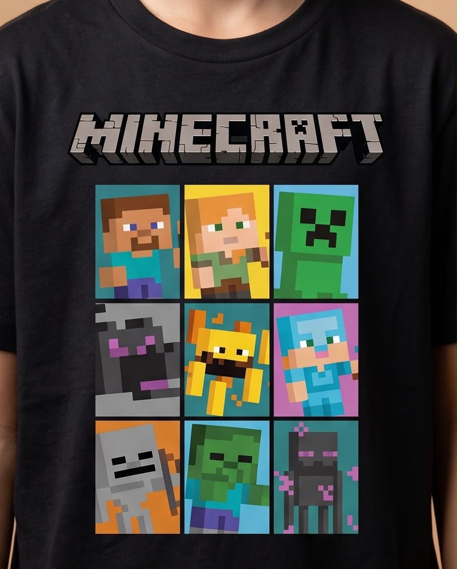 Camiseta Minecraft Personajes Grid Multicolor Negra - Niños Oversize