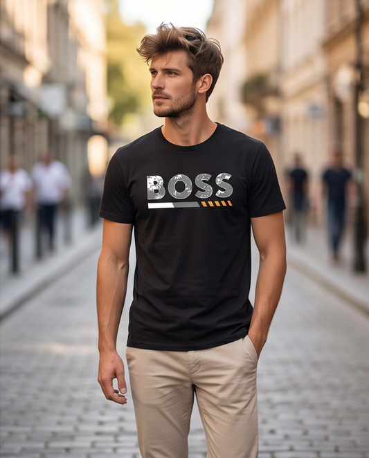 Camiseta Hugo Boss Logo Texturado Detalle Naranja Negra Hombre - Manga Corta Algodón