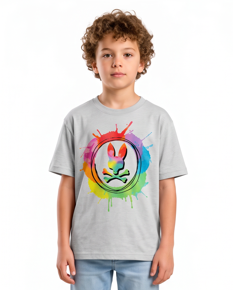 Camiseta Psycho Bunny Rainbow Splash Oversize Niños Verde Seco - Vista frontal modelo niño