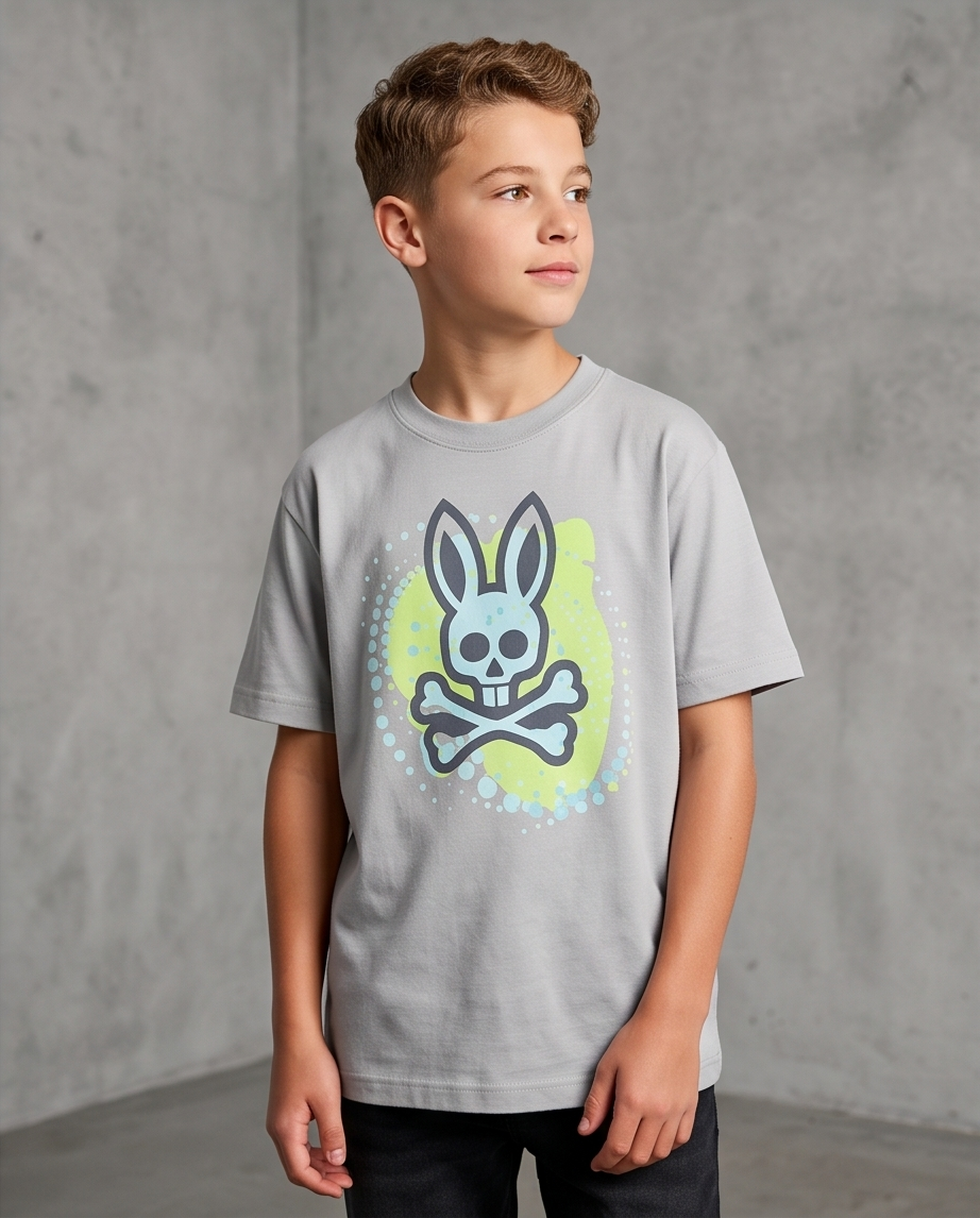 Camiseta Psycho Bunny Neon Splash Skull Oversize Niños Verde Seco - Vista completa modelo