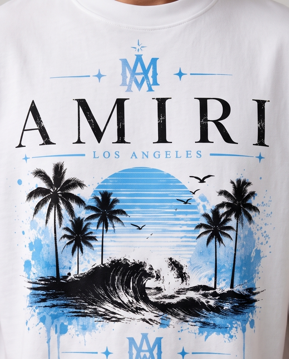 Camiseta Amiri Los Angeles Beach Wave Blanco - Detalle estampado frontal