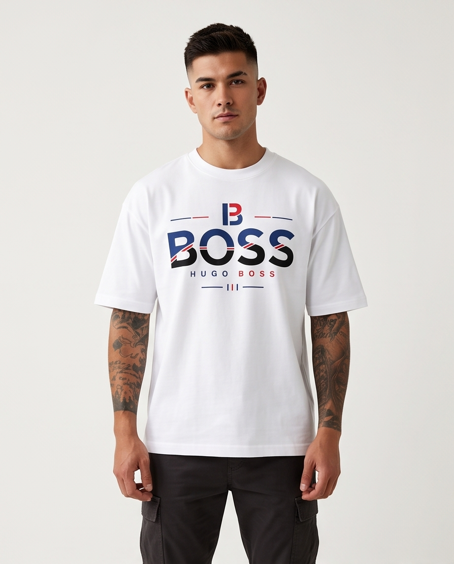 Camiseta Hugo Boss Tricolor B Logo Blanco - Vista frontal modelo fondo neutro