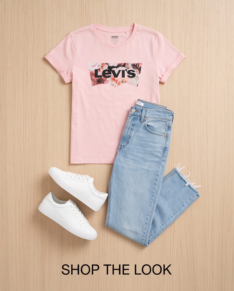 Camiseta Levi's Batwing Floral rosa doblada con jeans - Shop the Look