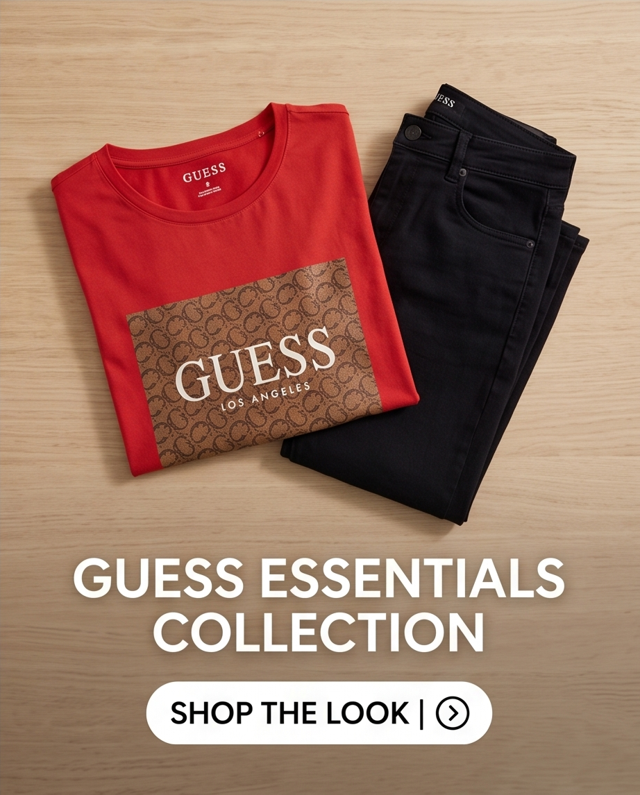 Camiseta Guess Los Angeles roja doblada con jeans negros - Guess Essentials Collection flat lay