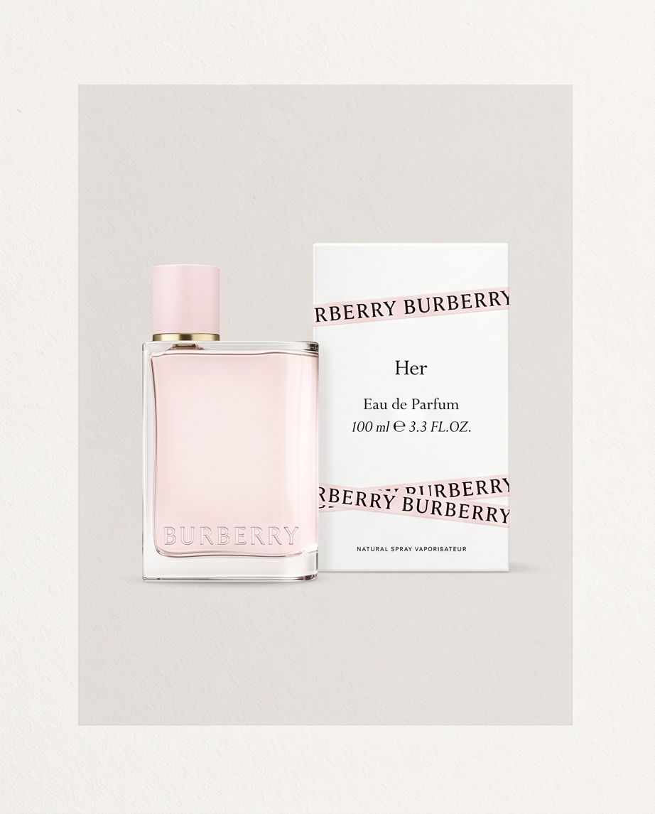 Burberry Her EDP - frasco y caja en blanco y negro