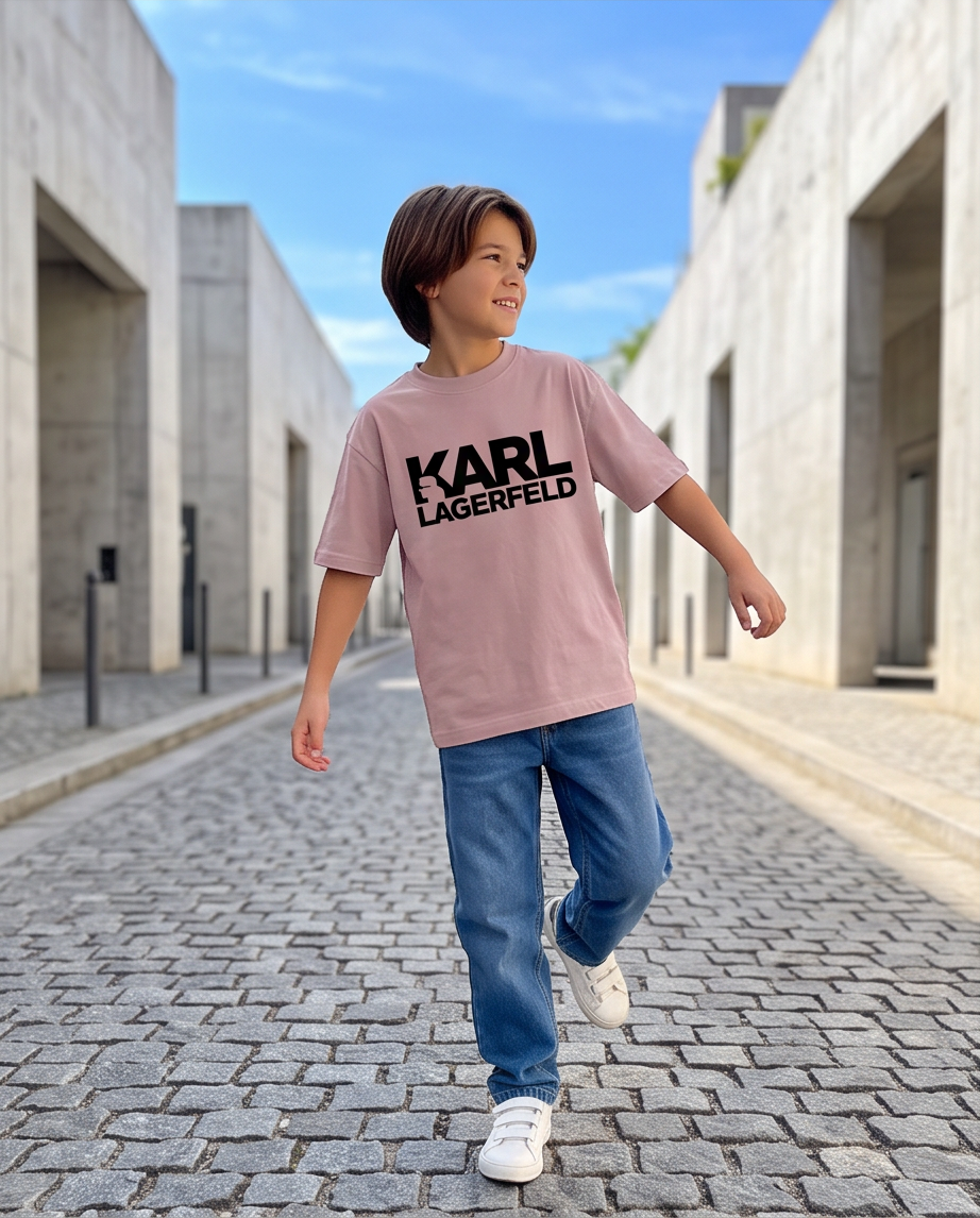 Camiseta Karl Lagerfeld Logo Rosa Palo Niños - modelo calle
