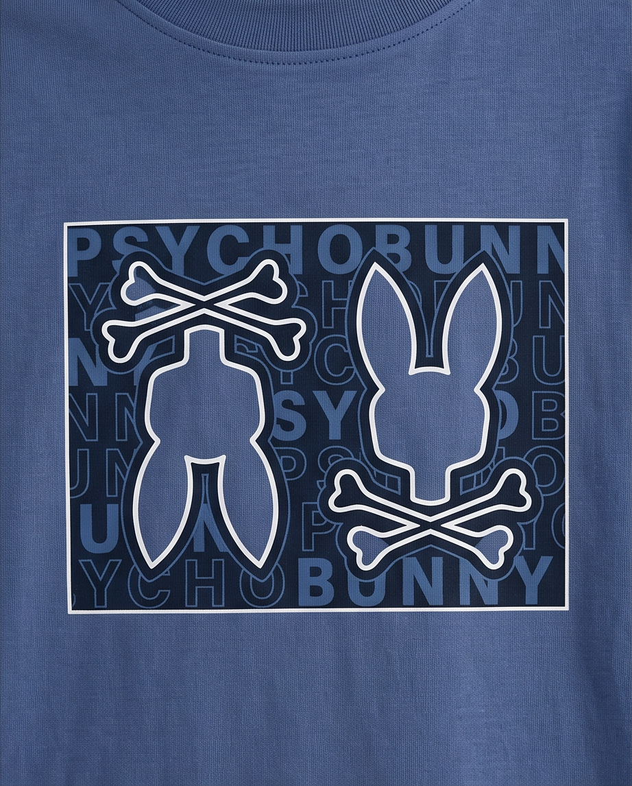 Camiseta Psycho Bunny Double Logo Box Azul Acero Niños - detalle estampado