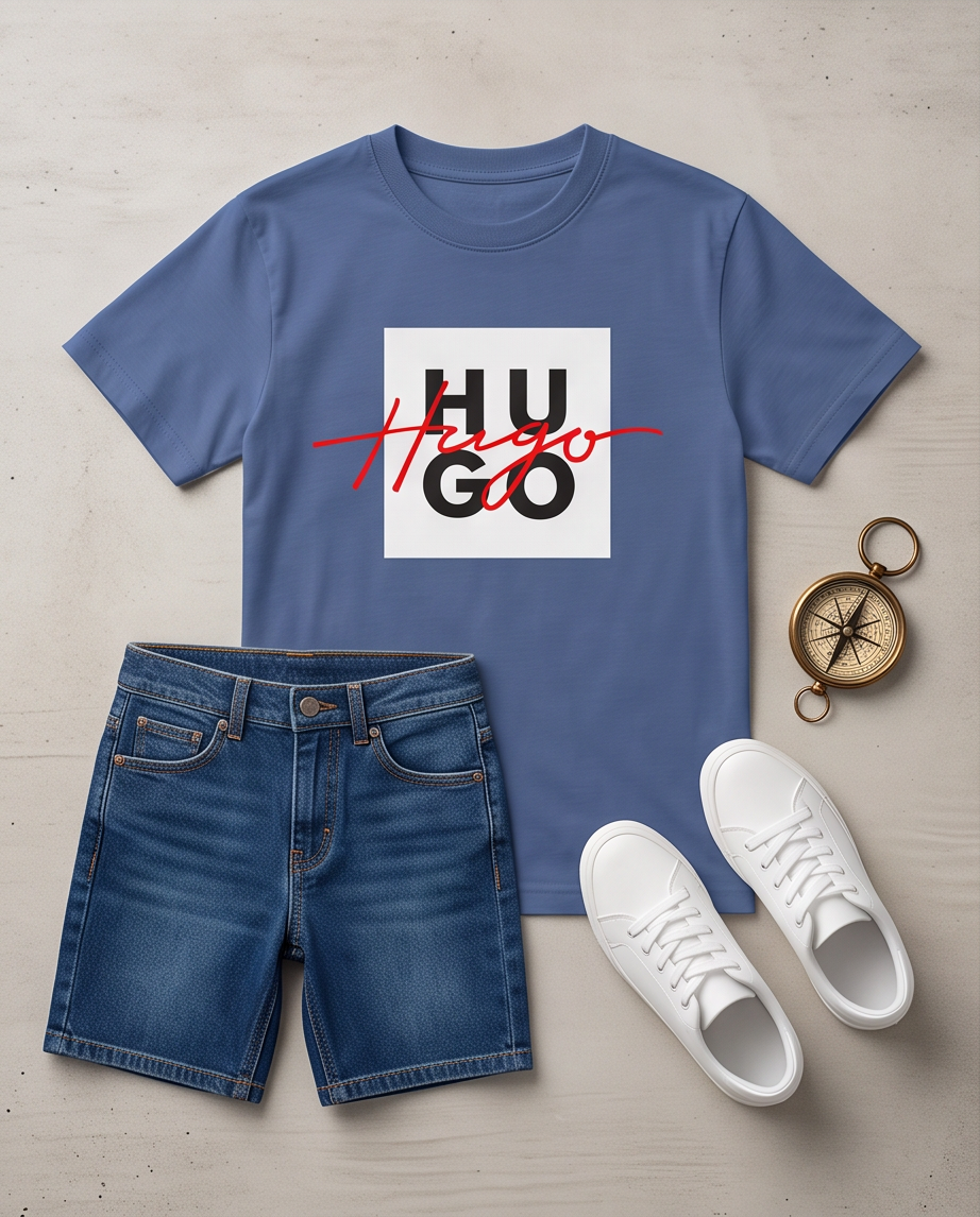 Camiseta Hugo Boss Hugo Box Script Azul Acero Niños - look completo