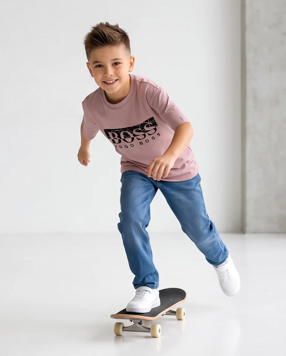 Camiseta Hugo Boss Marble Box Logo Rosa Palo Niños - modelo skate fondo blanco