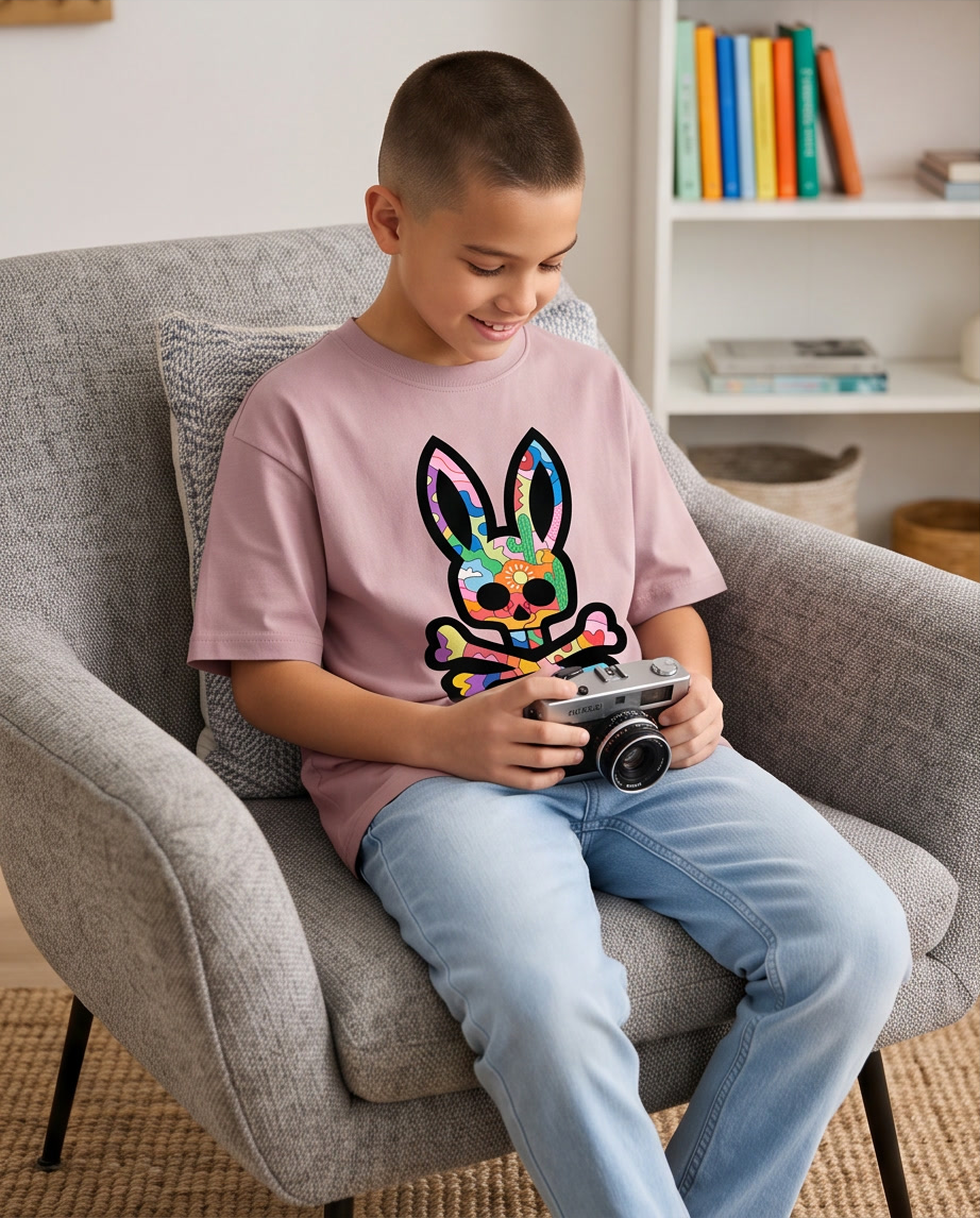 Camiseta Psycho Bunny Desert Pop Art Rosa Palo Niños - detalle estampado macro pop art