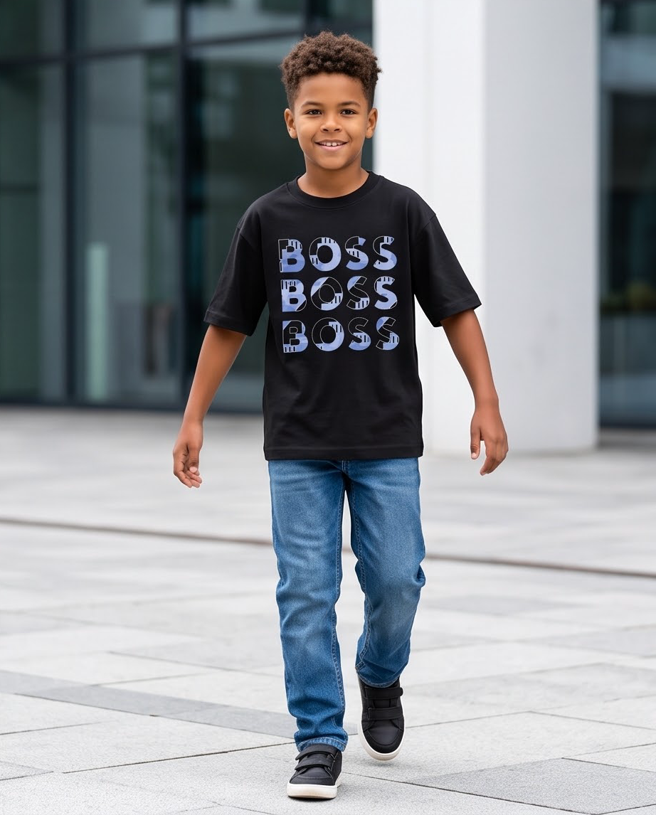 Camiseta Hugo Boss Triple Logo Camo Azul Negra Niño - modelo caminando