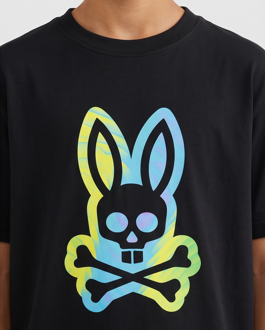 Camiseta Psycho Bunny Skull Bunny Tie Dye Azul Amarillo - detalle estampado