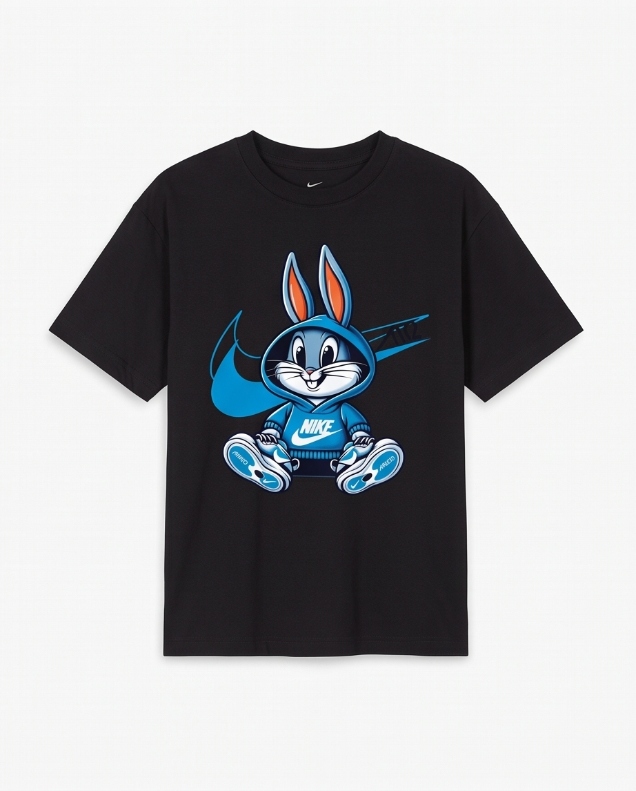 Camiseta Nike Bugs Bunny Hoodie Swoosh Azul Negra Niño - producto plano fondo blanco