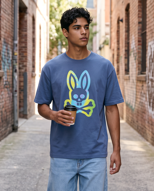Camiseta Psycho Bunny Skull Bunny Tie-Dye Neon Azul Acero look calle