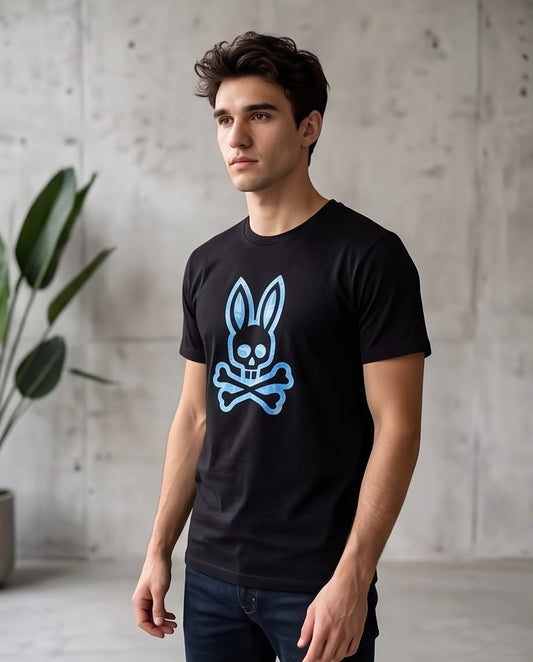 Camiseta Psycho Bunny Blue Camo Bunny Negra Hombre - Manga Corta Algodón