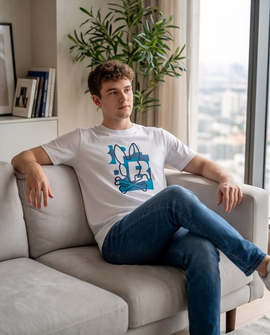 Camiseta Psycho Bunny Logo Gráfico Azul Blanca Hombre - Manga Corta Algodón