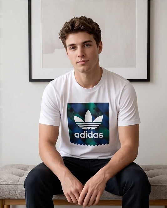 Camiseta Adidas Trebol Recuadro Tropical Verde Blanca Hombre - Manga Corta Algodón
