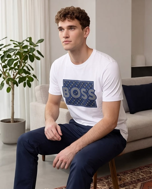 Camiseta Hugo Boss Logo Monograma Azul Blanca Hombre - Manga Corta Algodón