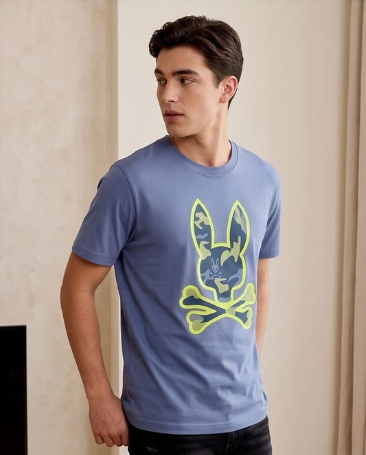 Camiseta Psycho Bunny Skull Bunny Camo Neon Verde Azul Acero Hombre - Manga Corta Algodón