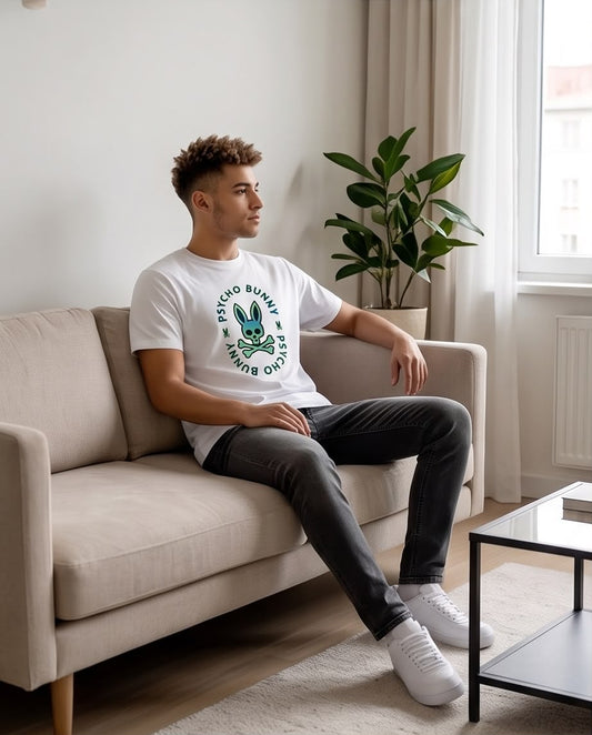 Camiseta Psycho Bunny Circle Logo Degradado Azul Verde Blanca Hombre - Manga Corta Algodón