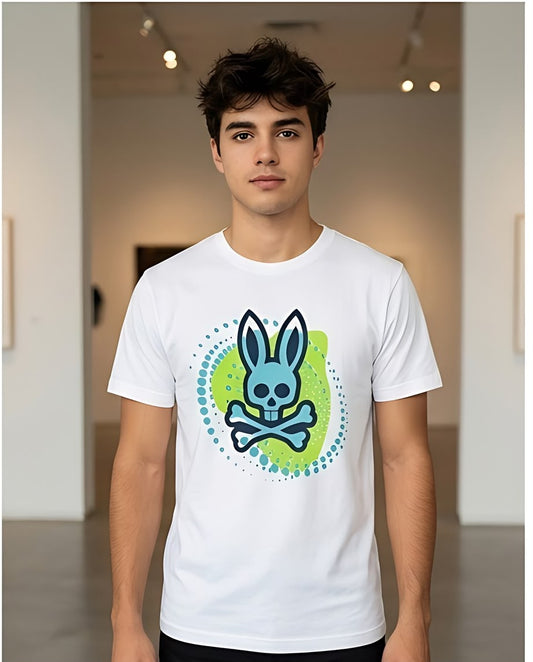 Camiseta Psycho Bunny Logo Turquesa Halftone Blanca Hombre - Manga Corta Algodón
