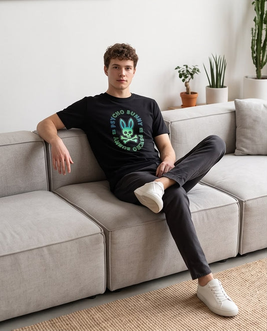 Camiseta Psycho Bunny Sello Circular Neon Negra Hombre - Manga Corta Algodón