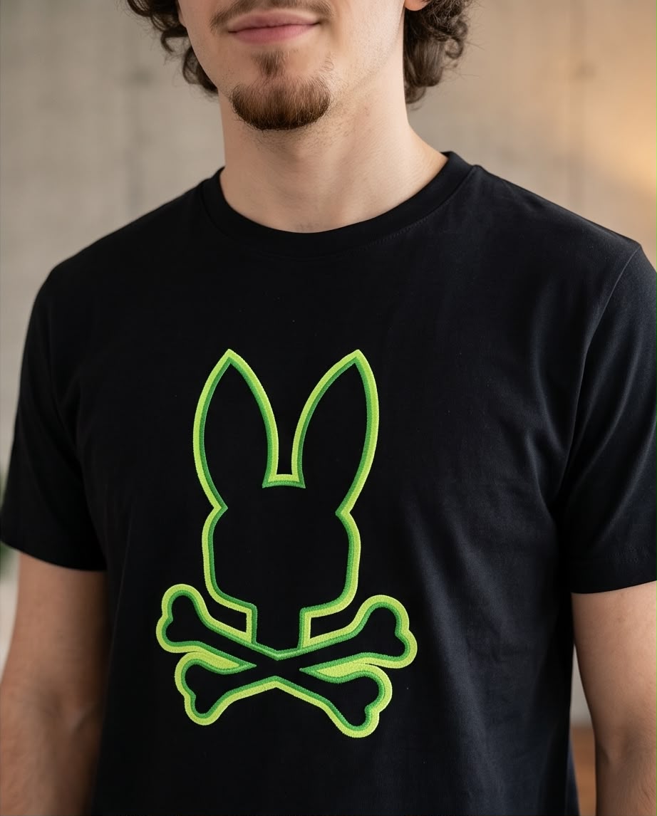 Camiseta Psycho Bunny Logo Neon Verde Negra Hombre - Manga Corta Algodón