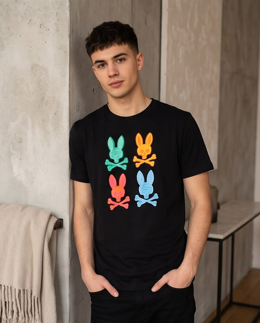 Camiseta Psycho Bunny Cuatro Logos Multicolor Negra Hombre - Manga Corta Algodón