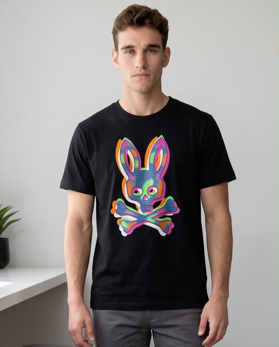 Camiseta Psycho Bunny Logo Pop Art Multicolor Negra Hombre - Manga Corta Algodón