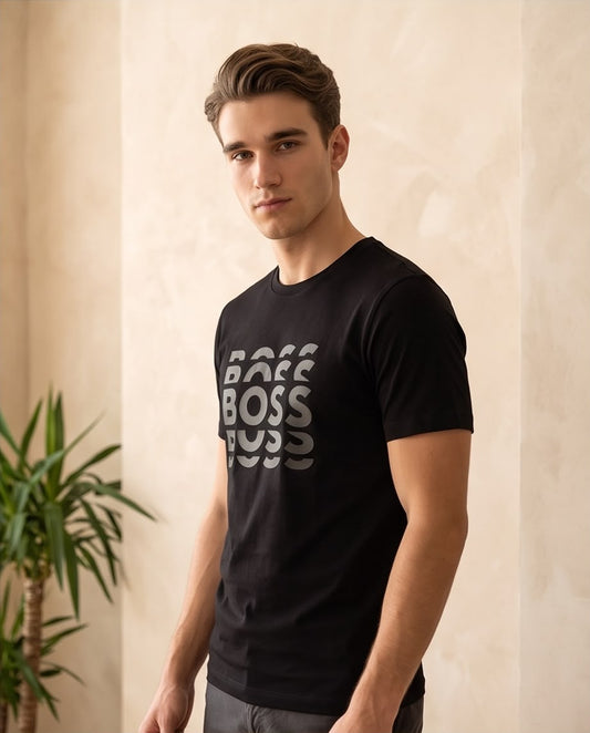 Camiseta Hugo Boss Logo Triple Tono sobre Tono Negra Hombre - Manga Corta Algodón