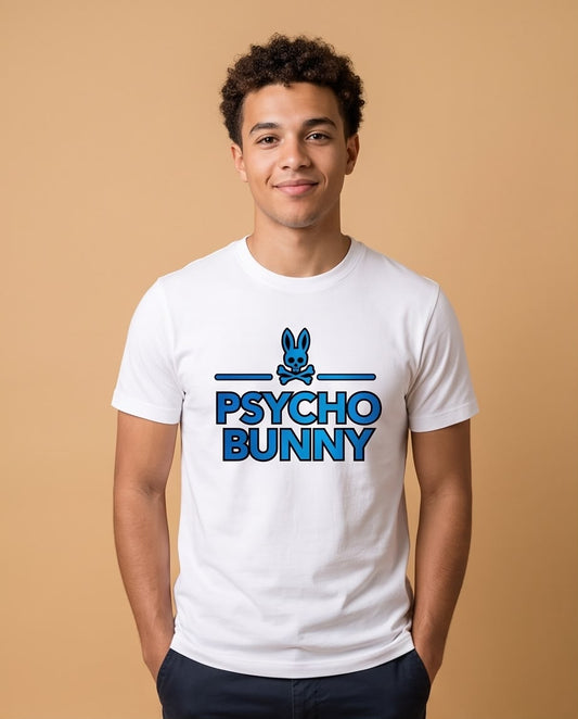 Camiseta Psycho Bunny Logo Texto Azul Blanca Hombre - Manga Corta Algodón