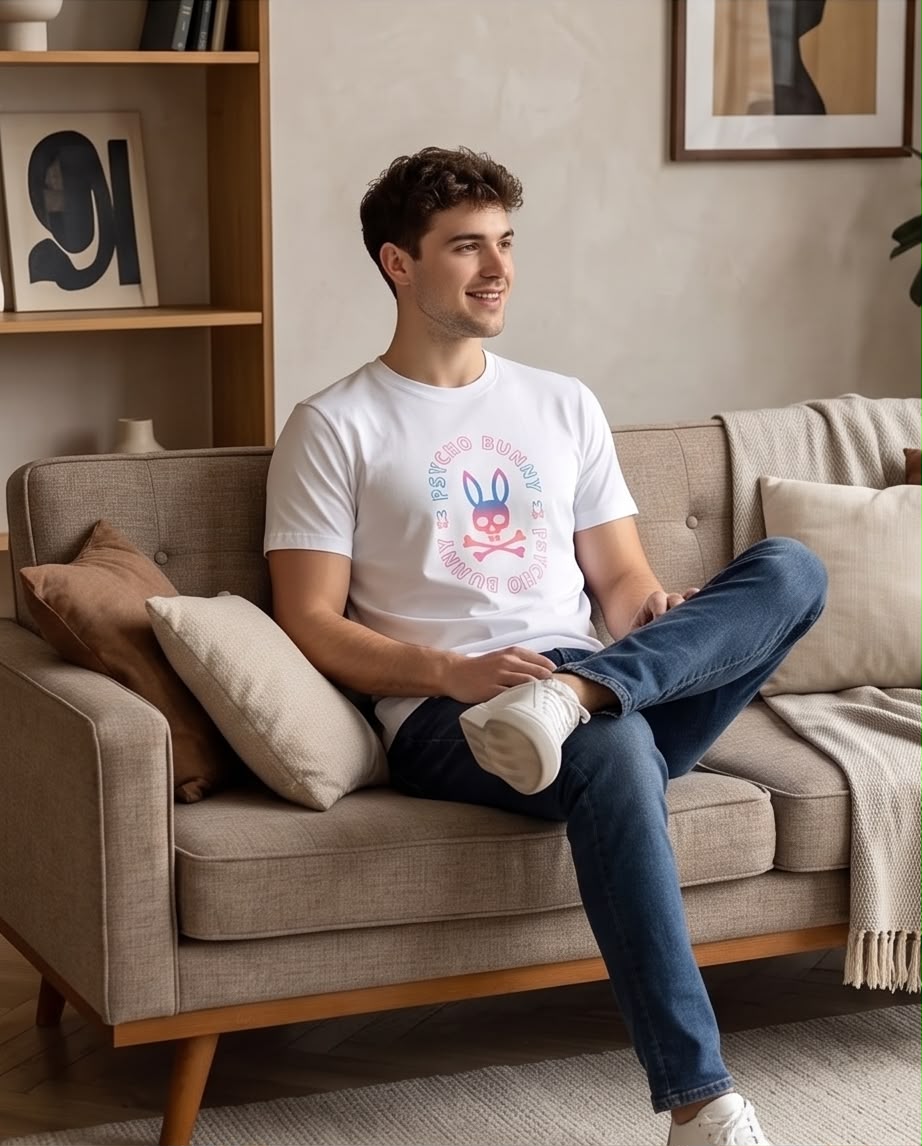 Camiseta Psycho Bunny Sello Degradado Blanca Hombre - Manga Corta Algodón