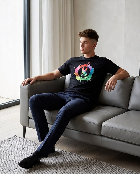 Camiseta Psycho Bunny Logo Multicolor Splash Negra Hombre - Manga Corta Algodón