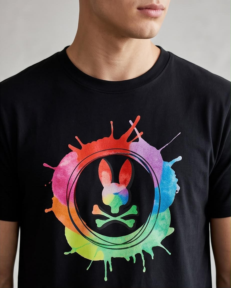 Camiseta Psycho Bunny Logo Multicolor Splash Negra Hombre - Manga Corta Algodón