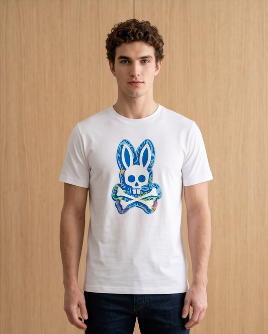Camiseta Psycho Bunny Logo Trazos Azul Multicolor Blanca Hombre - Manga Corta Algodón